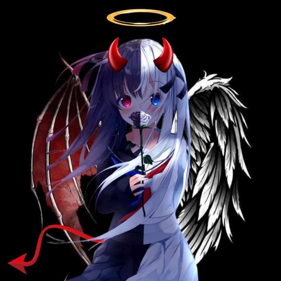  壁紙 — 一個擁有惡魔角和天使翅膀的動漫女孩，在黑色背景前手持玫瑰。