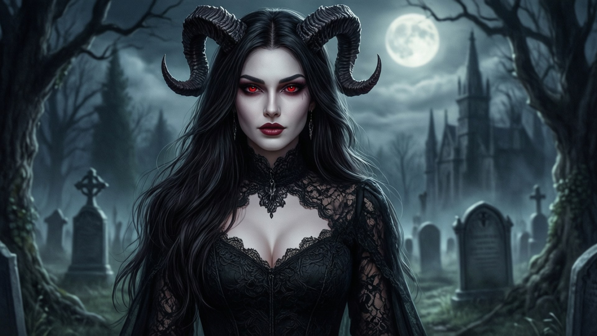 Devil Horns 桌布 壁紙 — 一個擁有發光紅眼和彎曲角的惡魔女子，站在月光下的墓地，周圍是墓碑和扭曲的樹木。