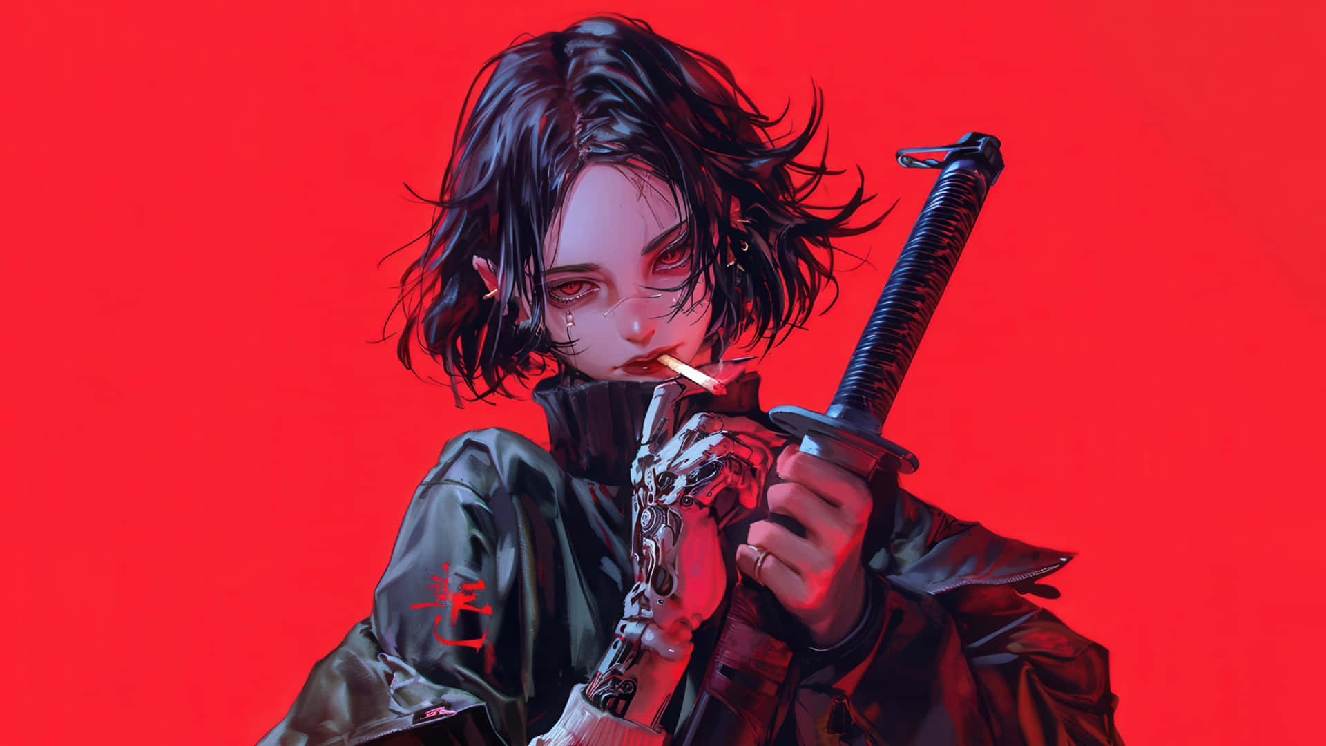  壁紙 — 一個擁有機械臂的賽博龐克動漫戰士，在鮮紅色背景下抽煙，手持武士刀。