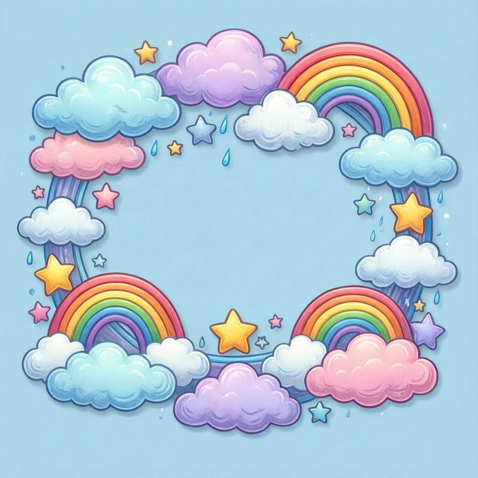 淺藍色背景上帶有彩虹、雲朵和星星的彩色卡通邊框。