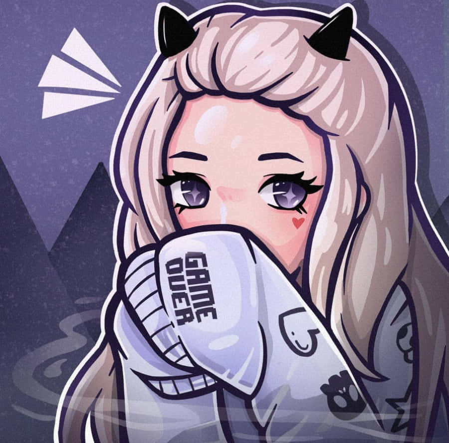  壁紙 — 一個有貓耳和「GAME OVER」杯子的Q版動漫女孩在黑暗的山景背景下輕輕哭泣。