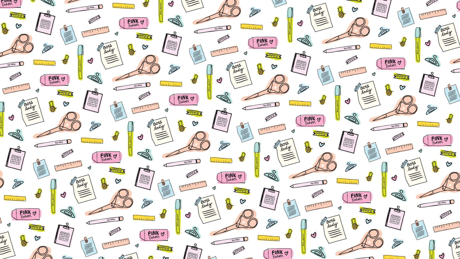 School Aesthetic 桌布 壁紙 — 一個有趣的圖案，粉紅色剪刀、尺子和筆記本散落在白色背景上。
