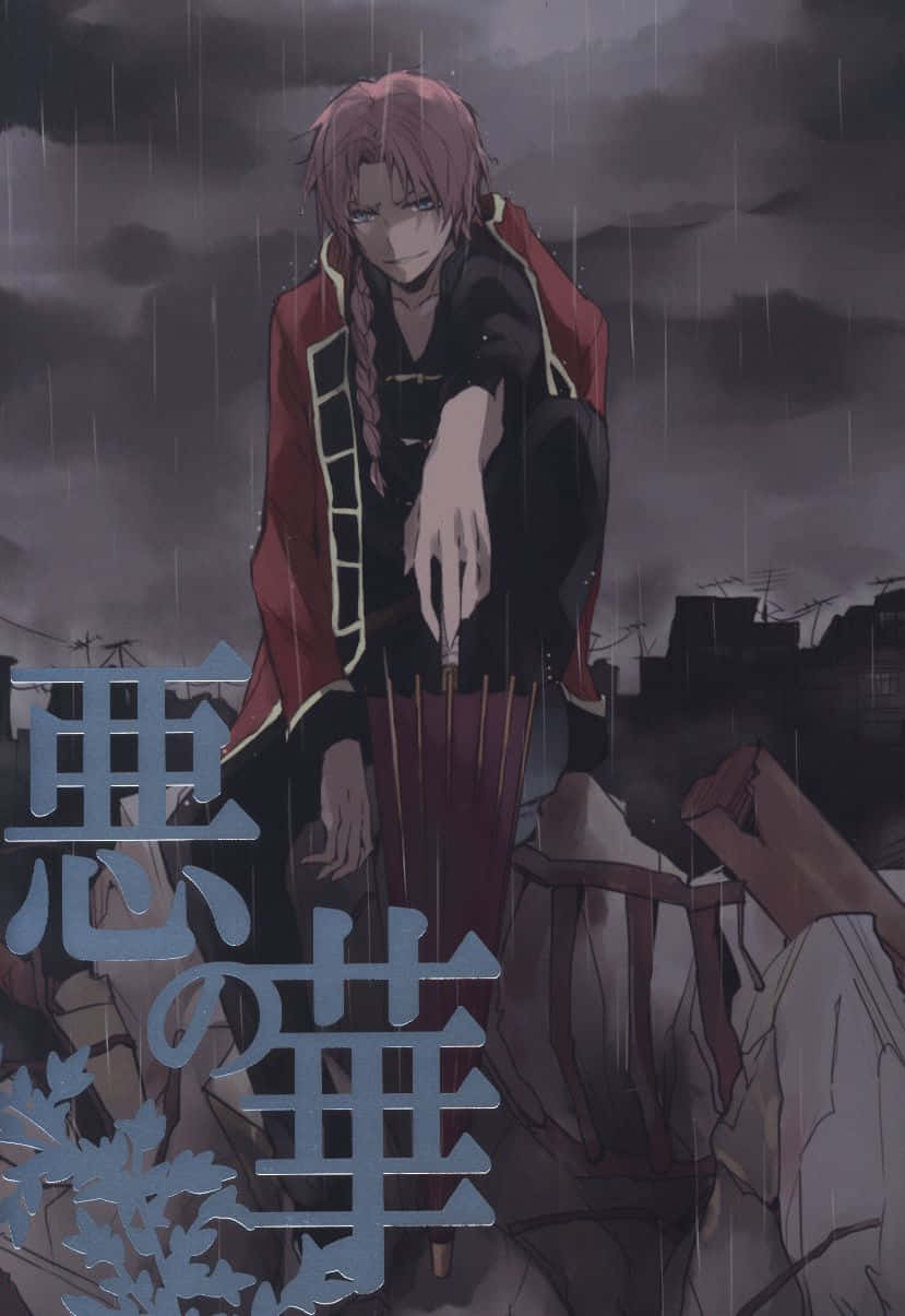  壁紙 — 一個憂鬱的動漫角色，粉紅色頭髮，站在暴雨中的城市廢墟中，天空風暴密佈。