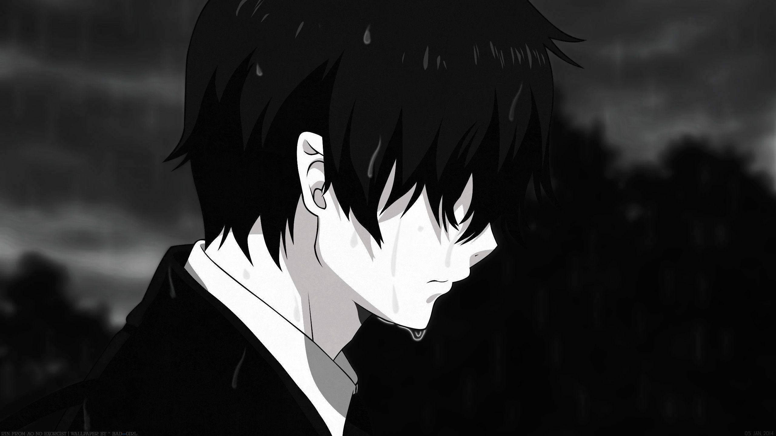 動漫男孩在雨中哭泣，背景是黑暗暴風雨。