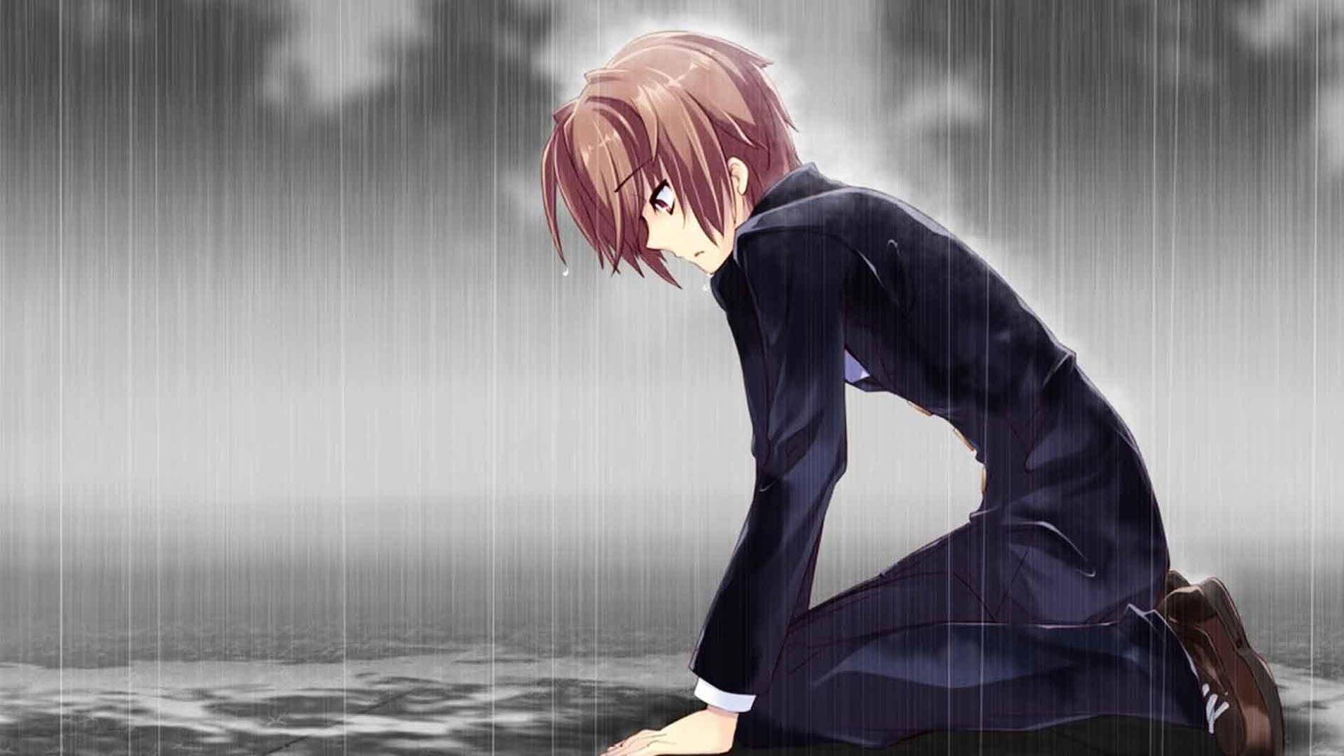 動漫少年跪在雨中，穿著深色校服，低頭不語