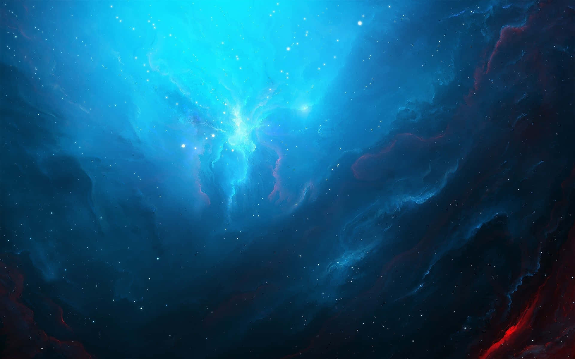 在深空中發光的鮮豔藍色和紅色宇宙星雲，帶有閃爍的恆星。