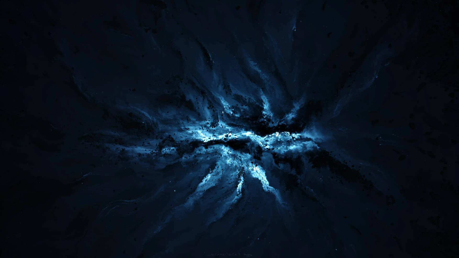 一個發光的藍色宇宙星雲在黑暗的太空背景下向外輻射。