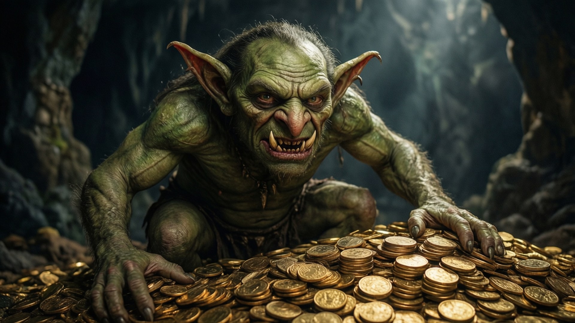 Goblin 桌布 壁紙 — 一個長著尖牙和尖耳朵的怪異綠色哥布林，在黑暗的洞穴中貪婪地抓著一堆金幣。