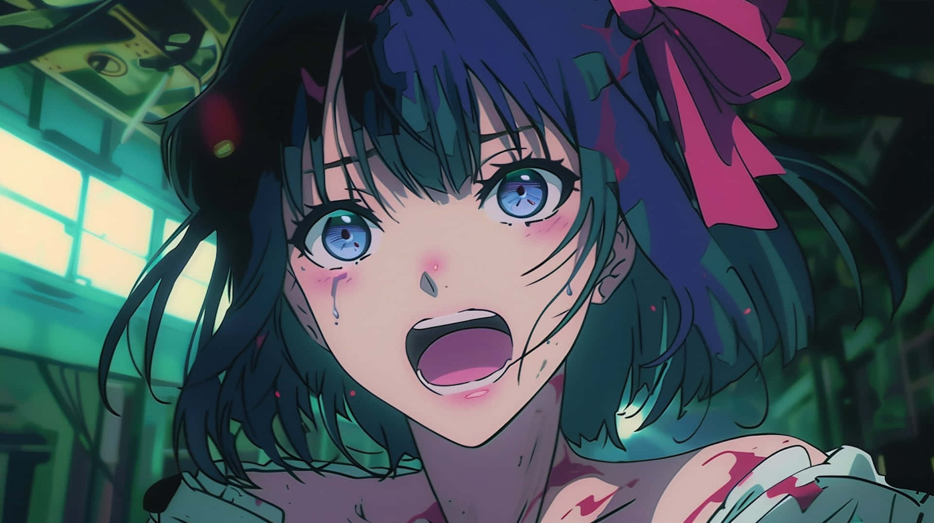 AI Hoshino 桌布 壁紙 — 一個震驚的動漫女孩，藍眼睛黑頭髮，在霓虹燈照亮的工業環境中流著血淚。