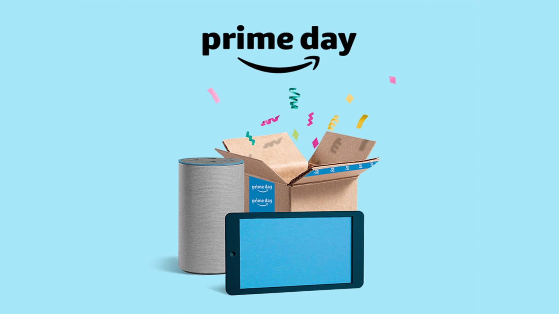  壁紙 — 一個紙箱爆出五彩紙屑，旁邊是Amazon Echo和Kindle平板電腦，背景為淺藍色。