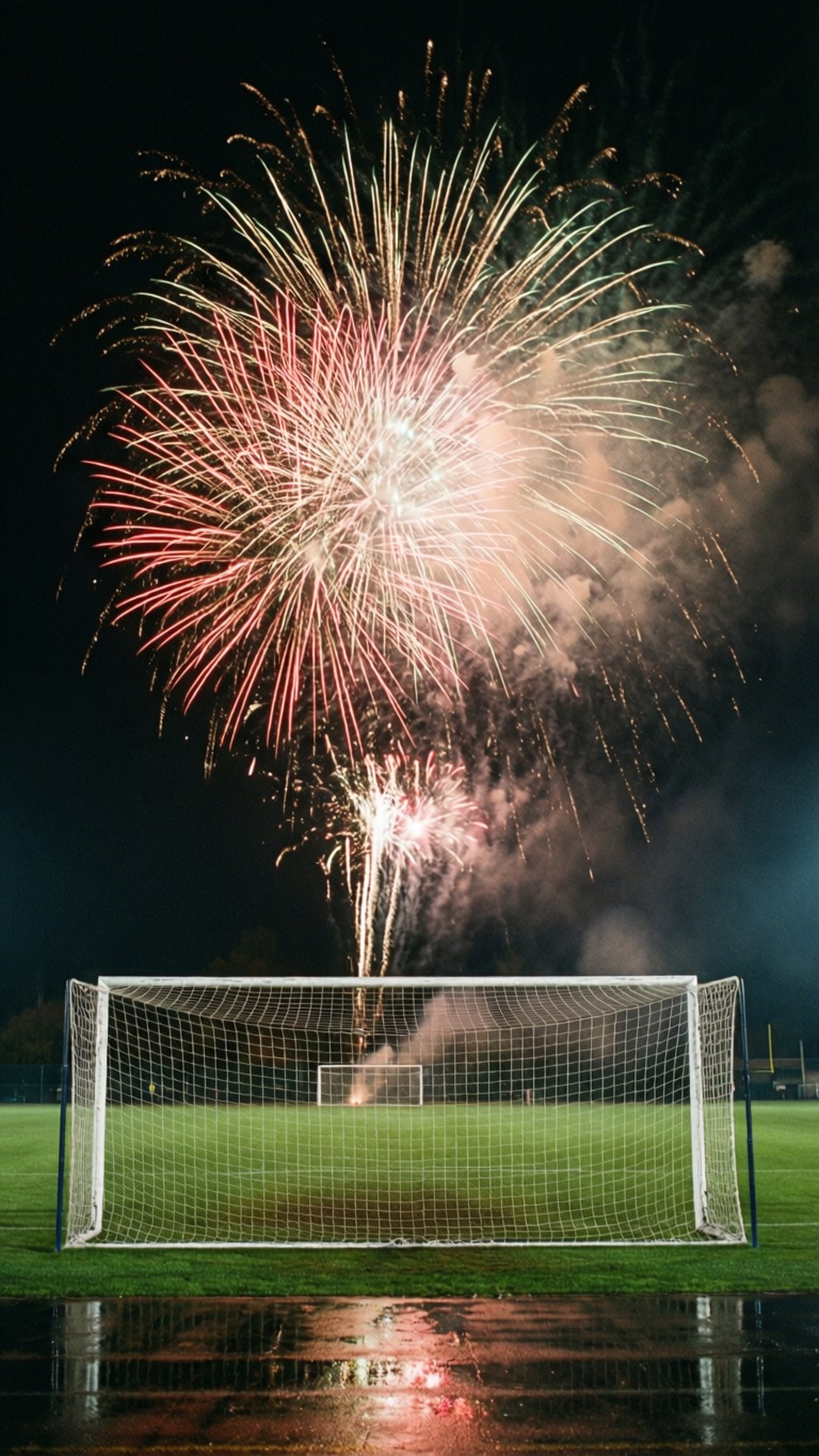 Goal Post 桌布 壁紙 — 一個足球龍門矗立在濕漉漉的場地上，而色彩繽紛的煙火在夜空中綻放。