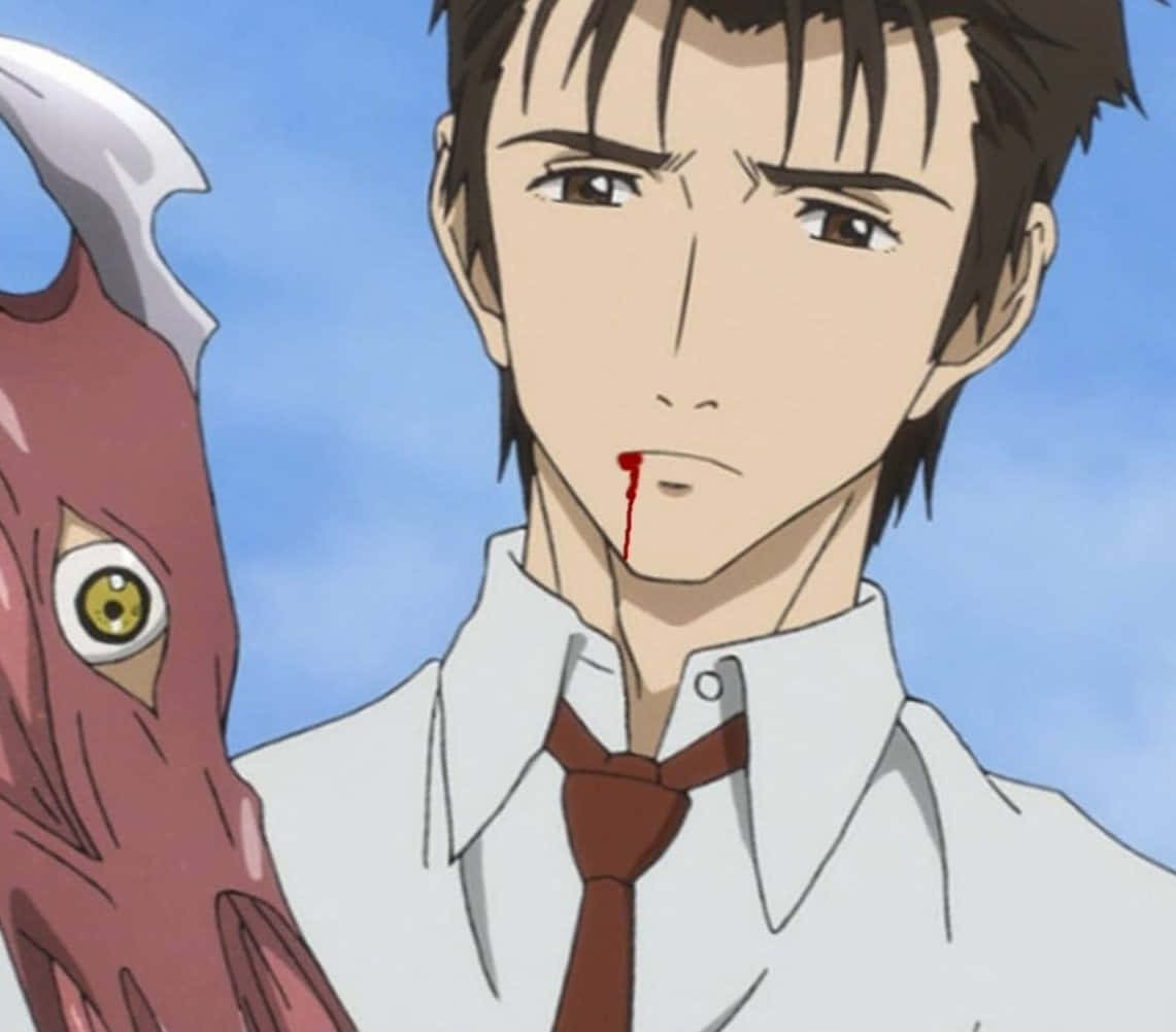 嘴唇帶血的年輕動漫男子，旁邊是只有一隻黃眼睛的紅色怪物。