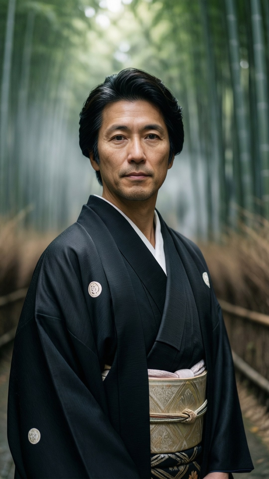 一個穿著傳統日本和服的男子站在竹林裡。