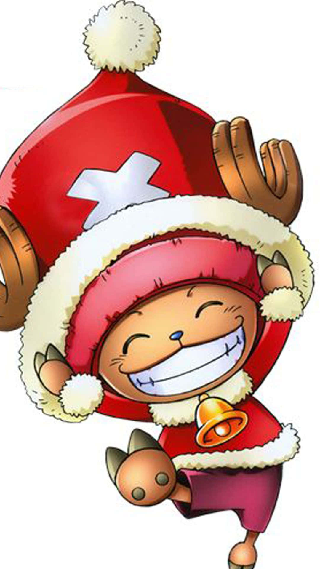 One Piece Christmas 桌布 壁紙 — 一個戴著紅色聖誕帽（白色邊緣和白色十字架）的開心動漫角色，一邊揮手一邊拿著金色鈴鐺。