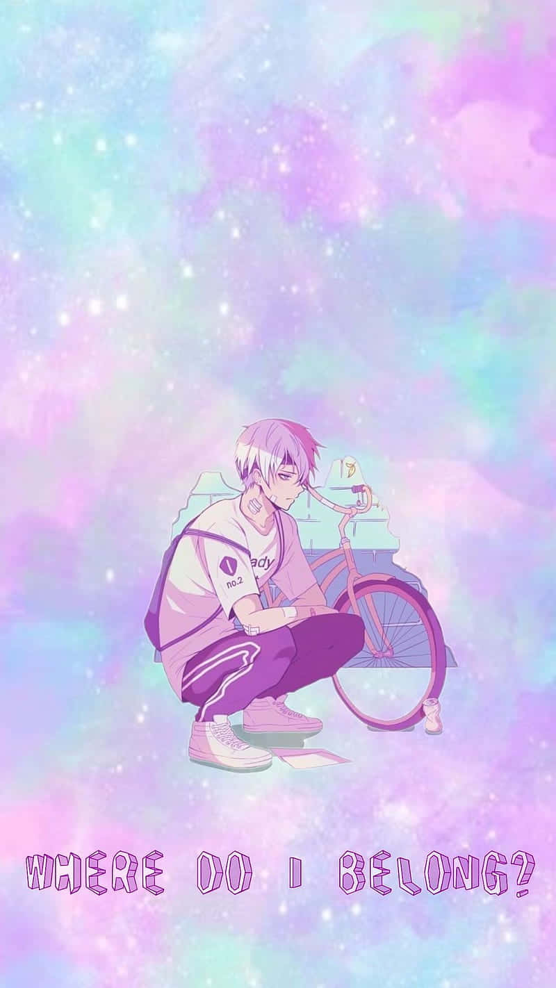  壁紙 — 一個粉紅色頭髮的年輕動漫男孩坐在單車旁邊，背景是夢幻的粉彩銀河天空，充滿閃爍的星星。