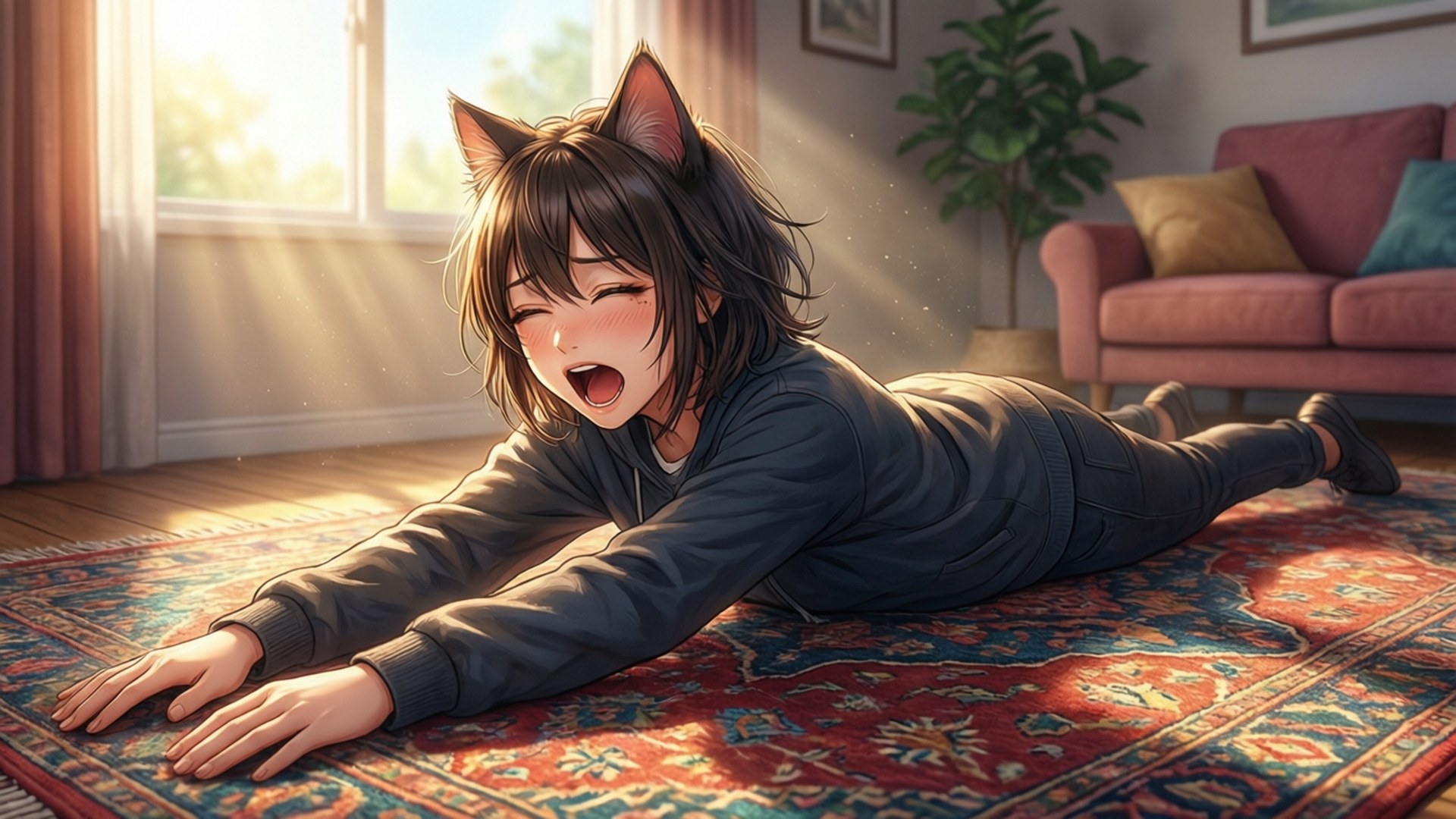 Morning Stretch 壁紙 — 一個歡樂的貓耳動漫女孩在有圖案的地毯上大笑，陽光透過窗戶照進舒適的客廳。