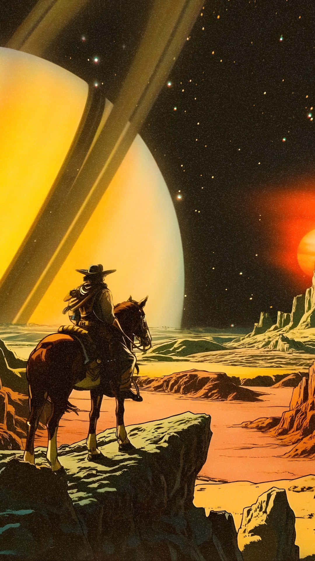  壁紙 — 一個孤獨的牛仔騎在馬背上，凝視著星空下沙漠峽谷上方的巨大環狀行星和發光的太陽。