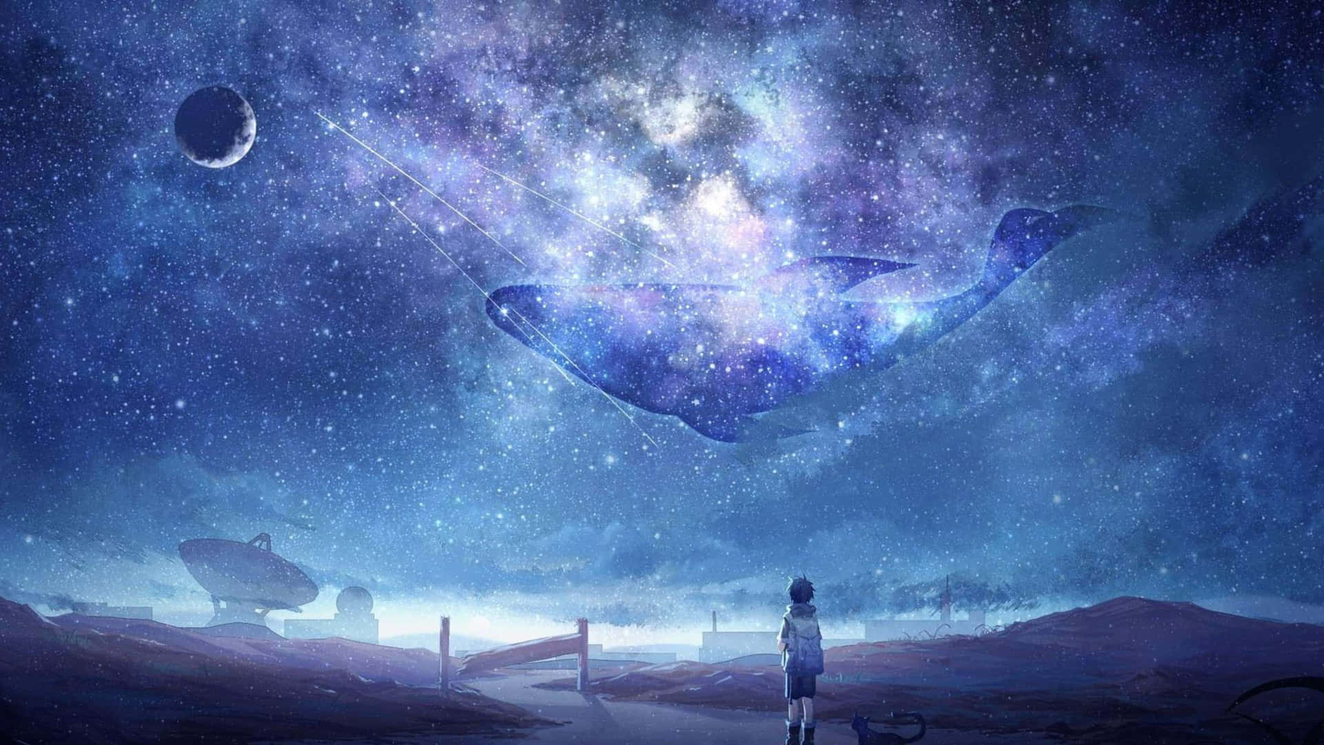  壁紙 — 一個孤獨的身影仰望一條宇宙鯨魚，在荒涼的外星景觀上方，游過一個佈滿星星的紫色星系。