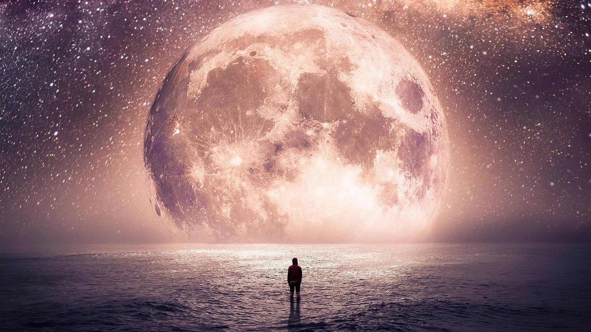 人在水中站在一輪巨大的發光月亮下，背景是星空。