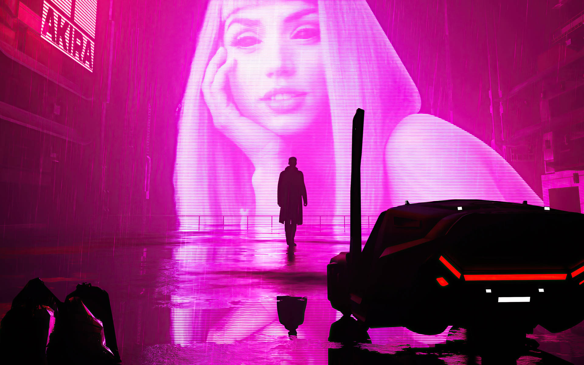 一個人在雨中的霓虹燈 cyberpunk 城市街道上行走的剪影。 — 賽博龐克 壁紙