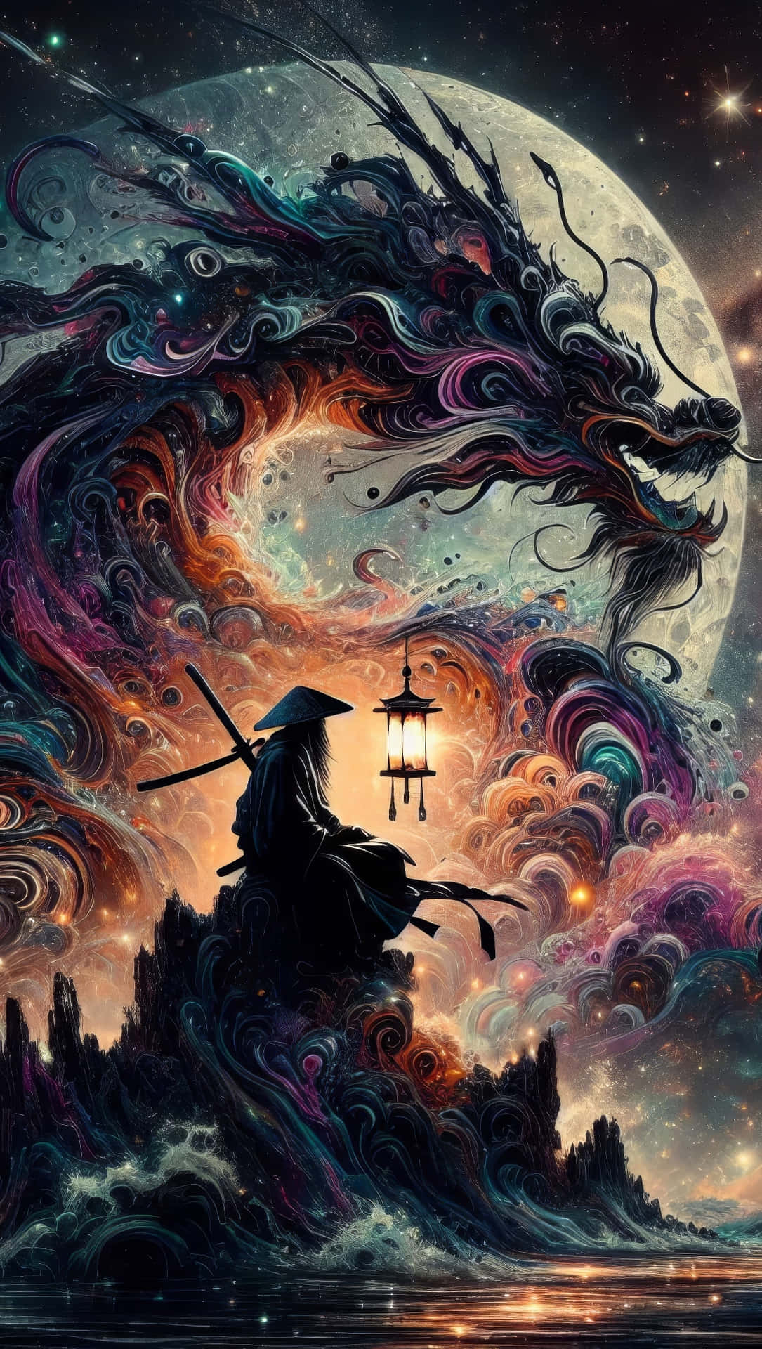  壁紙 — 一個孤獨的武士提著燈籠坐在懸崖頂上，一條宇宙龍在巨大的月亮下盤旋，構成超現實的夜空。