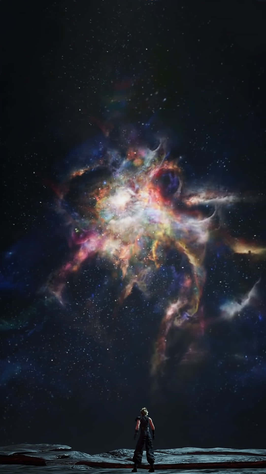  壁紙 — 一個孤獨的身影站在荒蕪的外星景觀上，仰望一個在星空中閃耀著粉紅、橙色和藍色色調的充滿活力的宇宙星雲。
