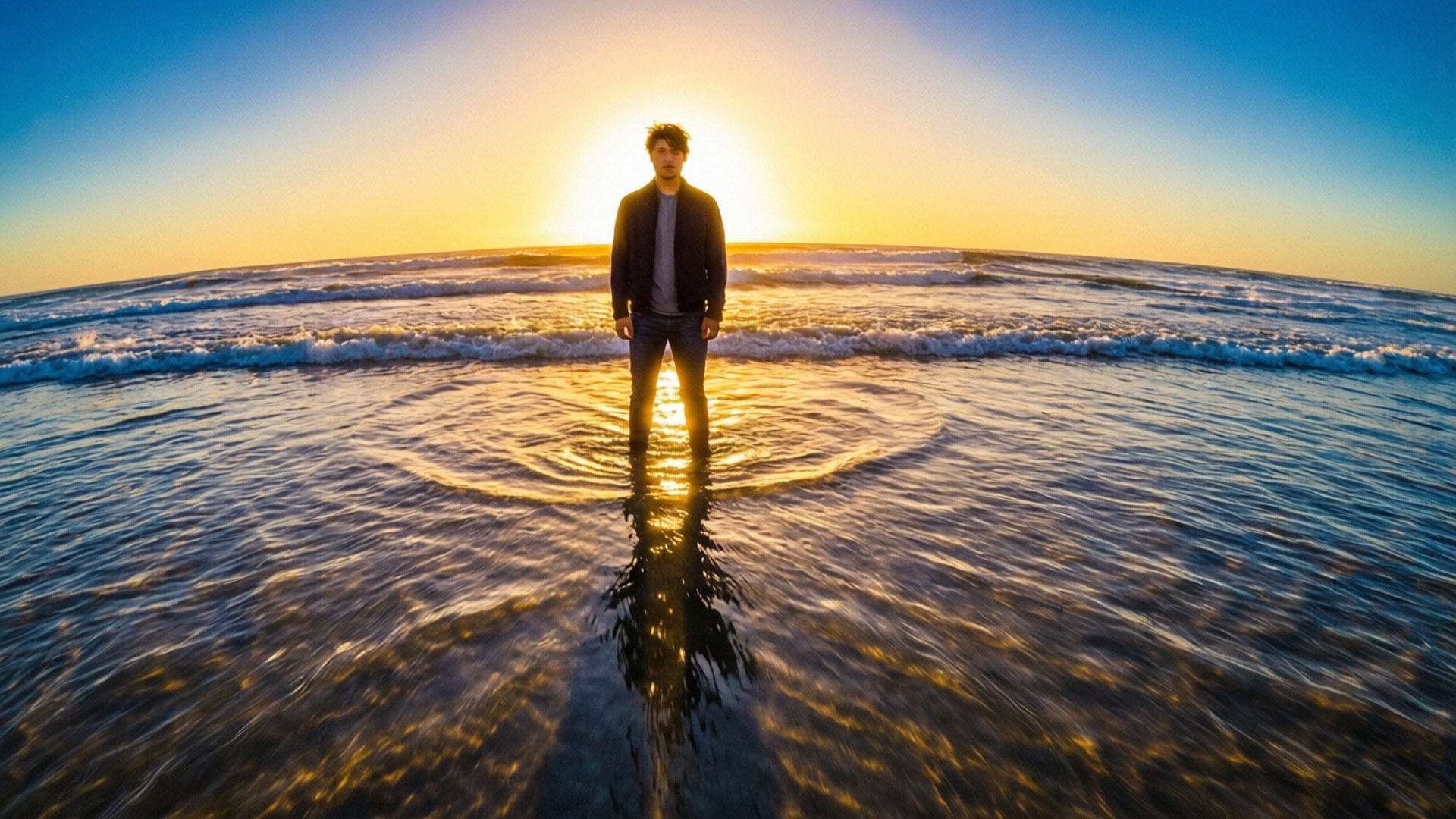 Zac The Sunrise 桌布 壁紙 — 一個孤獨的男人在日落時分站在淺海水中，他的剪影和倒影在金色光芒下閃爍。