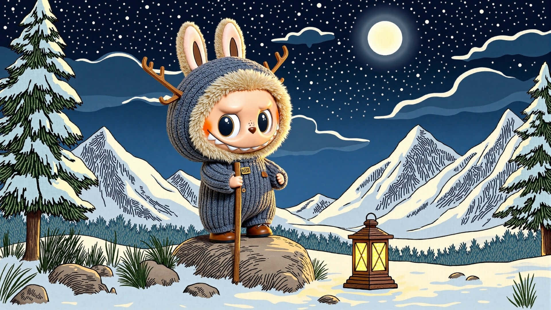  壁紙 — 一個可愛的兔仔角色穿著冬季外套，站在明亮的月亮下的雪山頂上，附近拿著一根帶燈籠的杖。