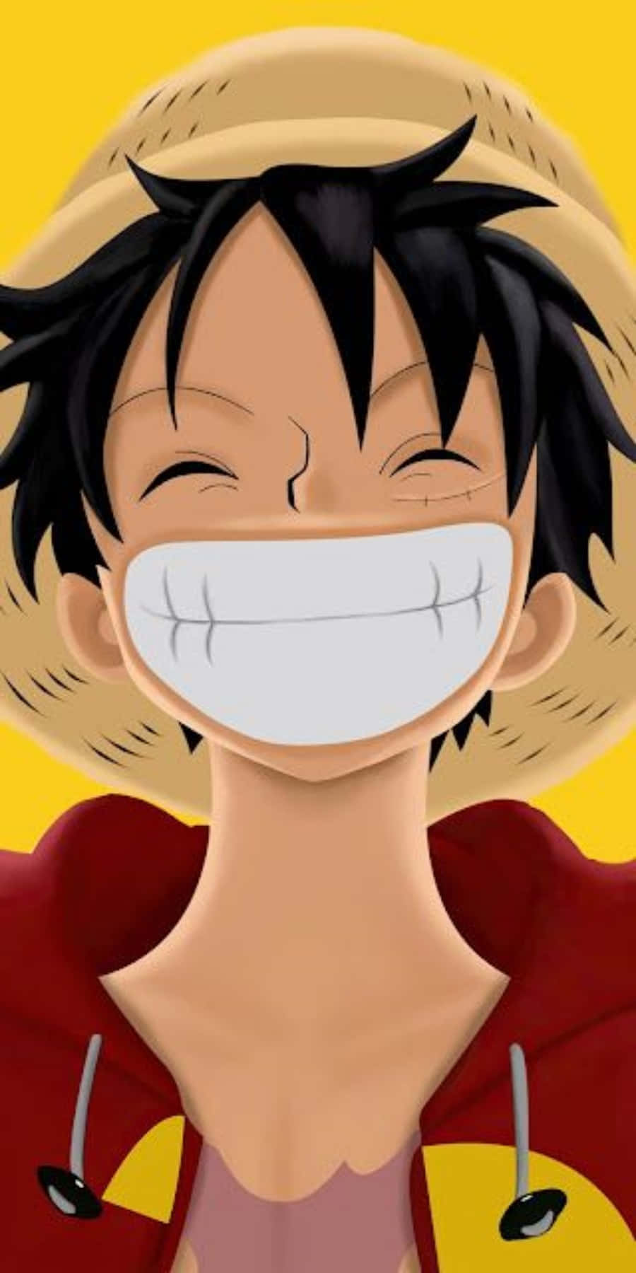 One Piece Christmas 桌布 壁紙 — 一個開心的動漫角色，黑色刺蝟頭戴草帽，在亮黃色背景上咧嘴大笑。