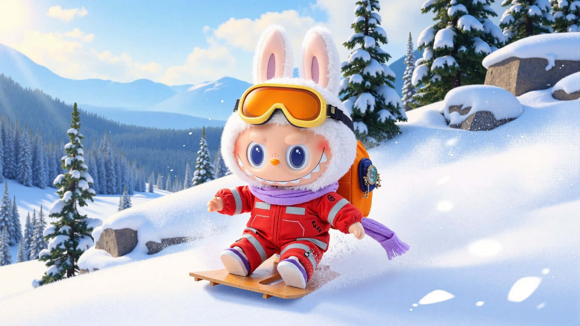  壁紙 — 一個可愛的兔子角色穿著紅色雪地裝備，在明亮的藍天下，沿著佈滿松樹和遠處山峰的雪山斜坡快樂地滑雪橇。