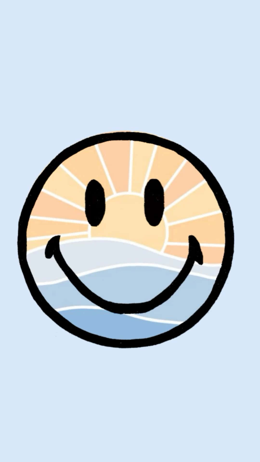 Smiley Face Blue Preppy 桌布 壁紙 — 一個快樂的笑臉，上方有太陽光線，下方有海浪，背景為柔和的藍色。