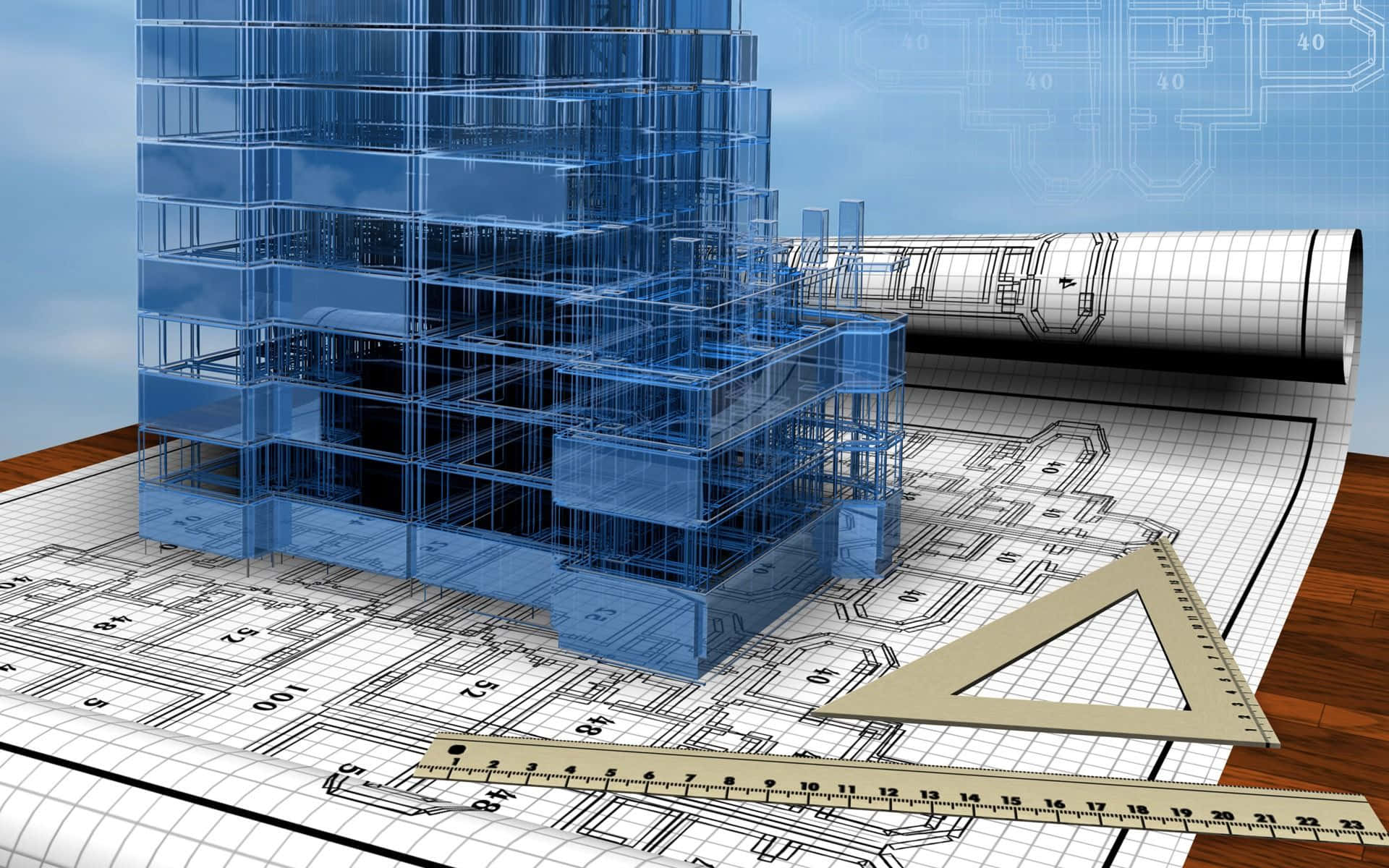 建築藍圖上放有3D建築模型和繪圖工具的木質表面。