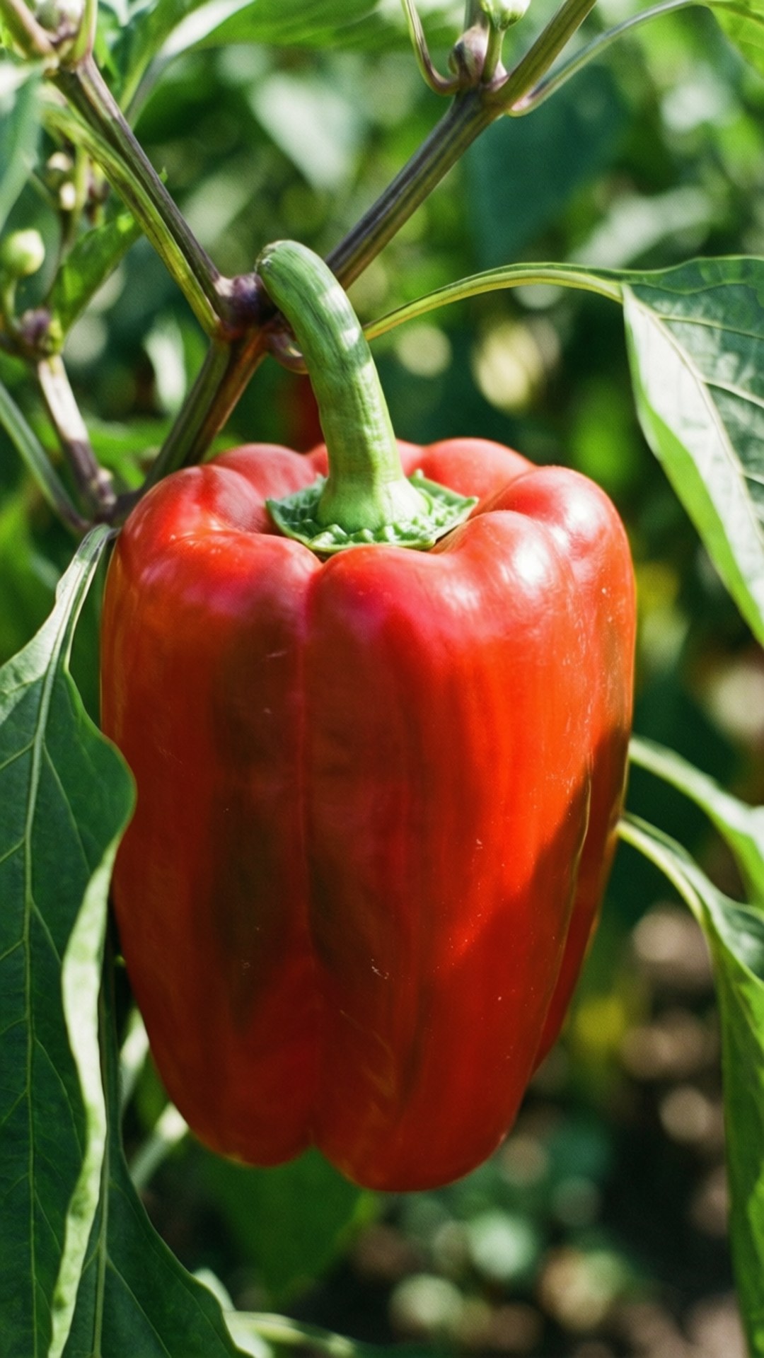 Red Pepper in Garden 壁紙 — 一個鮮紅色的燈籠椒在陽光下成熟且光澤地掛在莖上，周圍是茂密的綠葉。