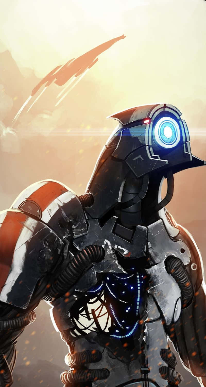 Mass Effect Legion 桌布 壁紙 — 一個未來風格的裝甲機械人，擁有發光的藍色眼睛，站在朦朧的沙漠景觀中，一艘流線型的太空船從頭頂飛過。