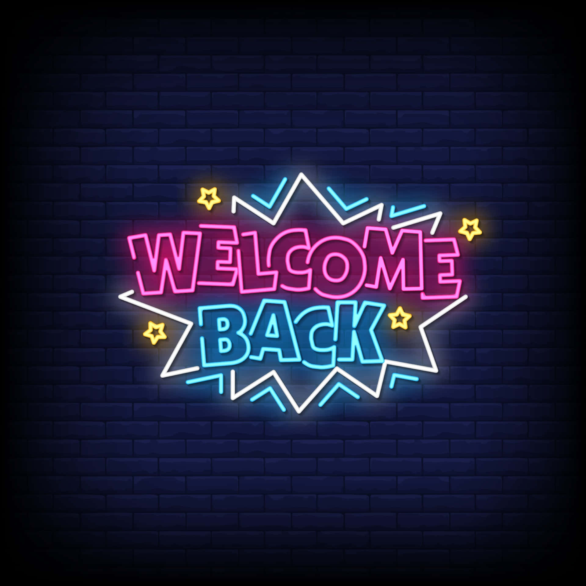  壁紙 — 一個寫著welcome back的鮮豔霓虹燈牌，在帶有黃色星星和鋸齒形裝飾的深色磚牆上發光。
