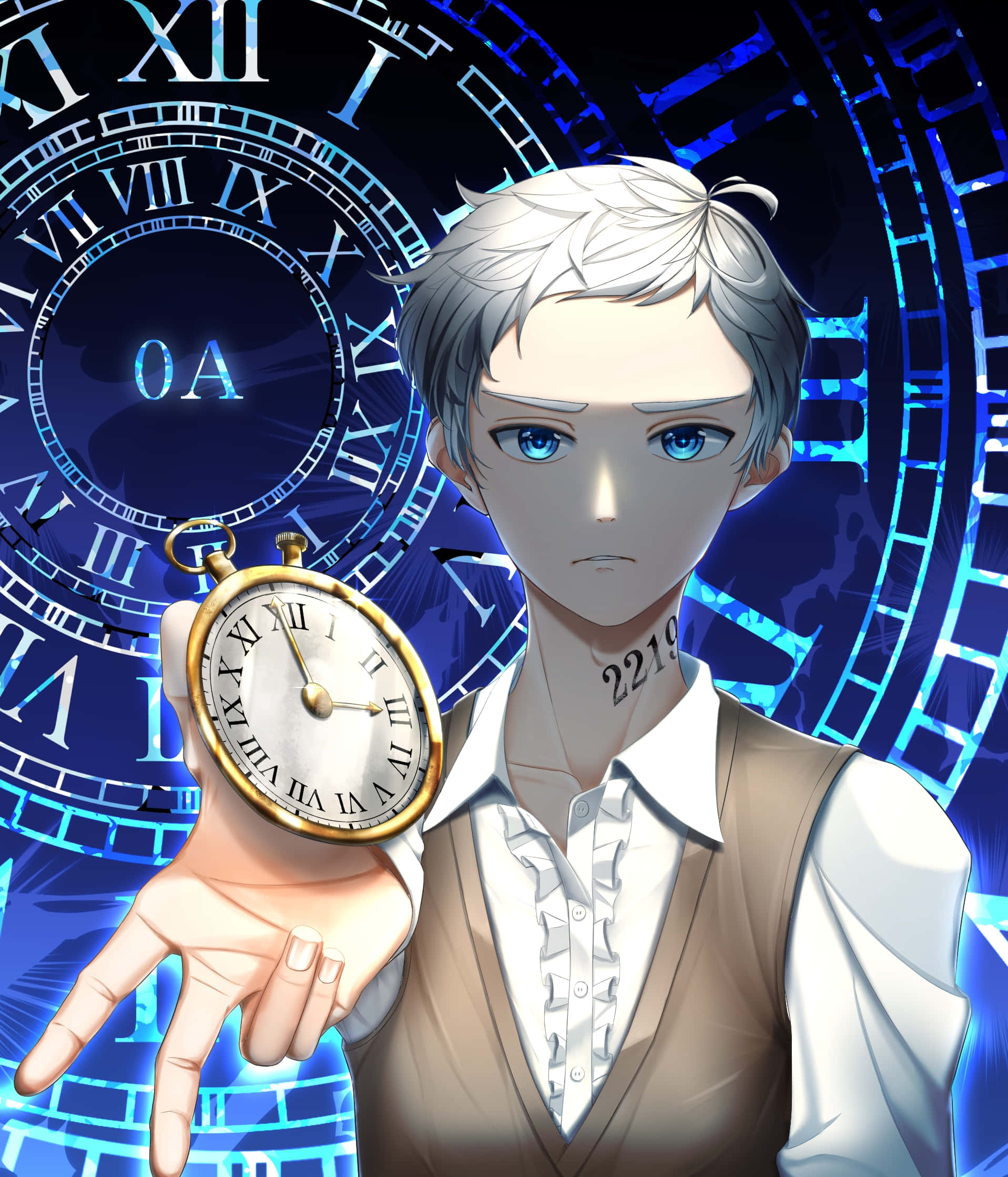 The Promised Neverland Norman 桌布 壁紙 — 一個銀髮動漫男孩拿著懷錶，背景是發光的藍色鐘錶機制。