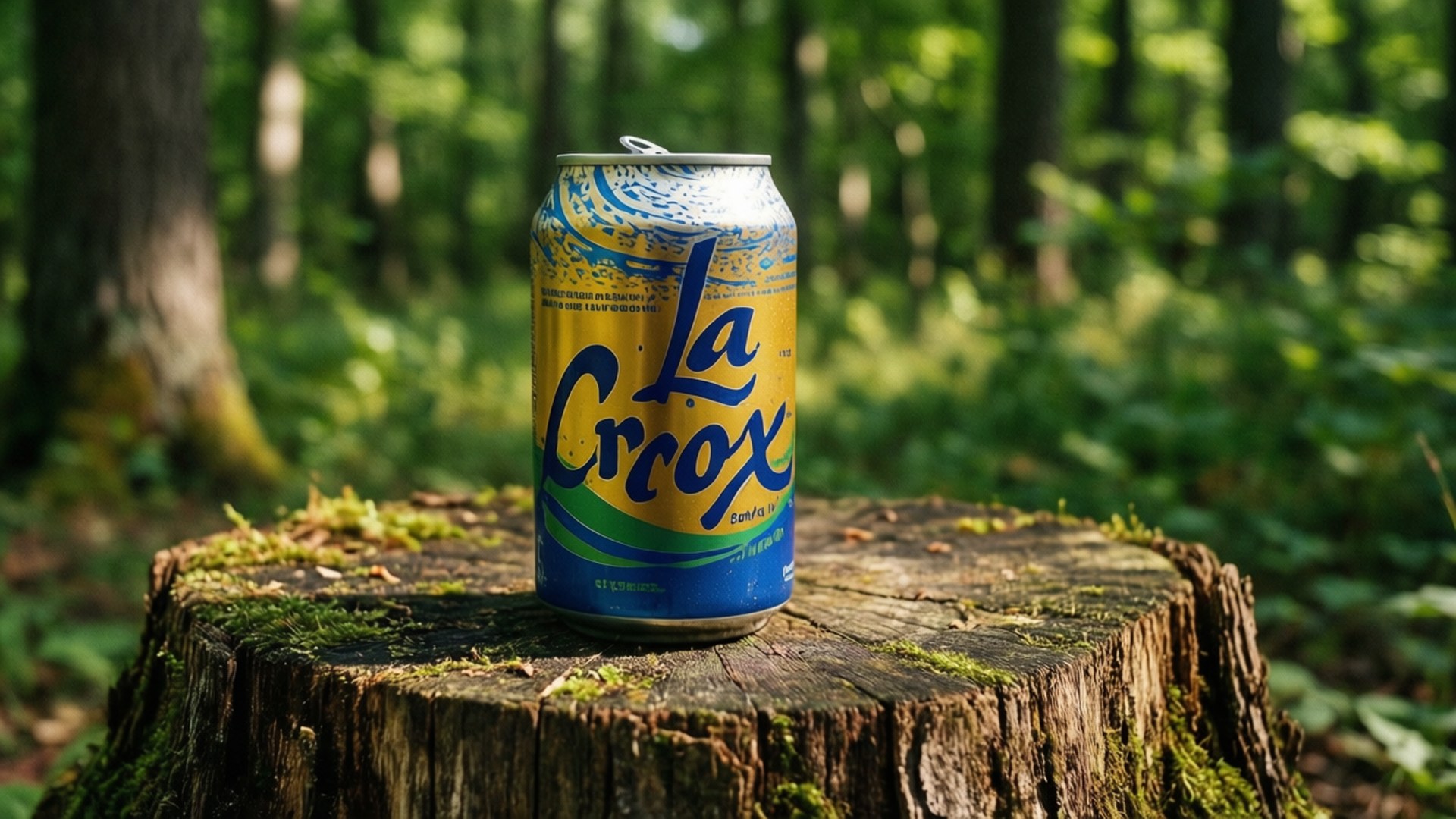 La Croix罐在長滿苔蘚的樹樁上，森林中