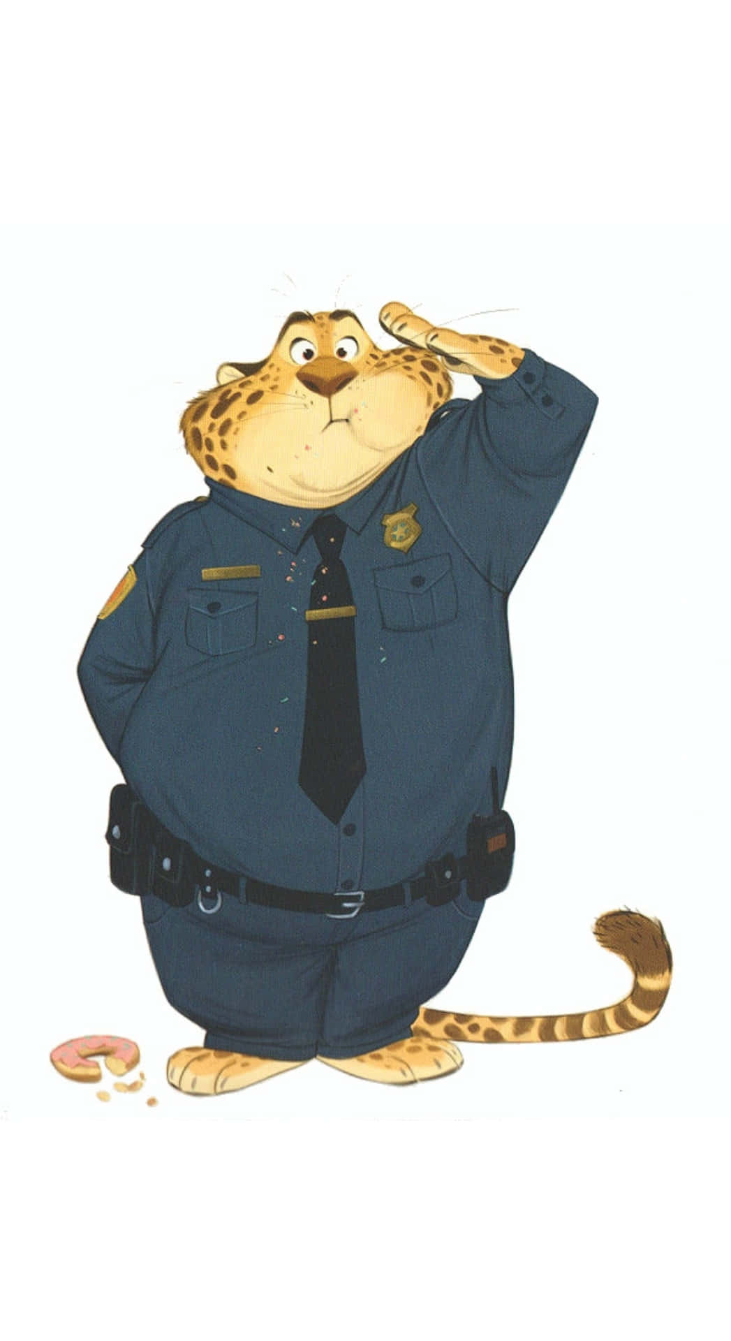  壁紙 — 一隻穿著藍色警察制服的可愛卡通豹用一隻爪子敬禮，旁邊地上有一個冬甩。