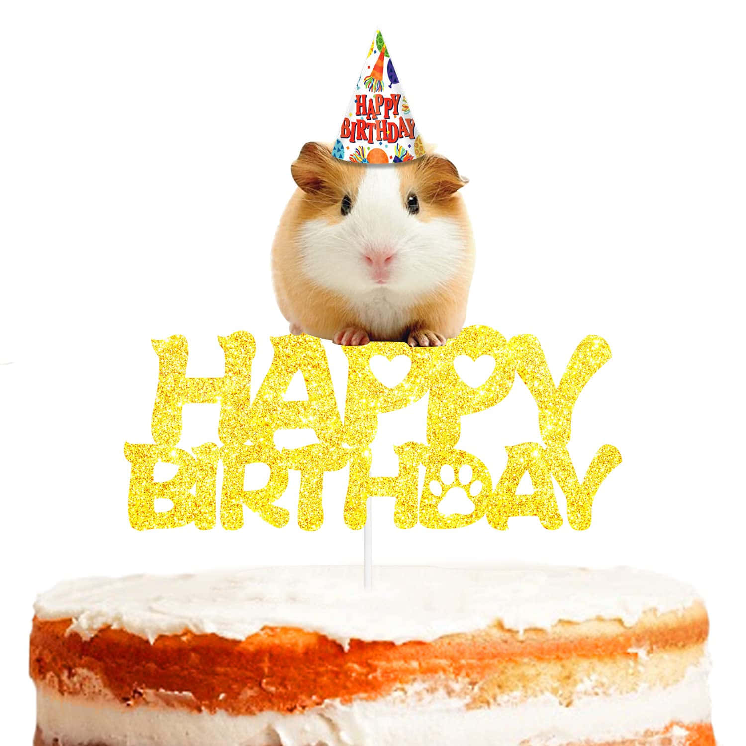  壁紙 — 一隻戴著彩色生日帽的天竺鼠坐在蛋糕上，蛋糕上有閃閃發光的金色「Happy Birthday」裝飾。