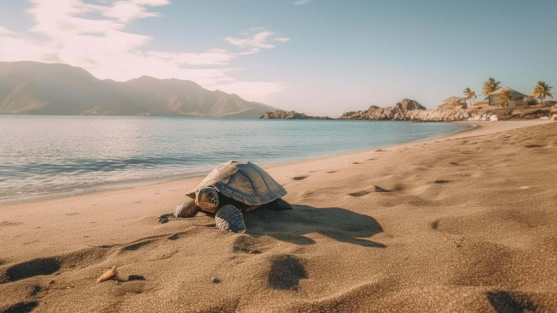  壁紙 — 一隻海龜在陽光明媚的沙灘上爬向海洋，遠處有山脈和棕櫚樹，天空清澈湛藍。