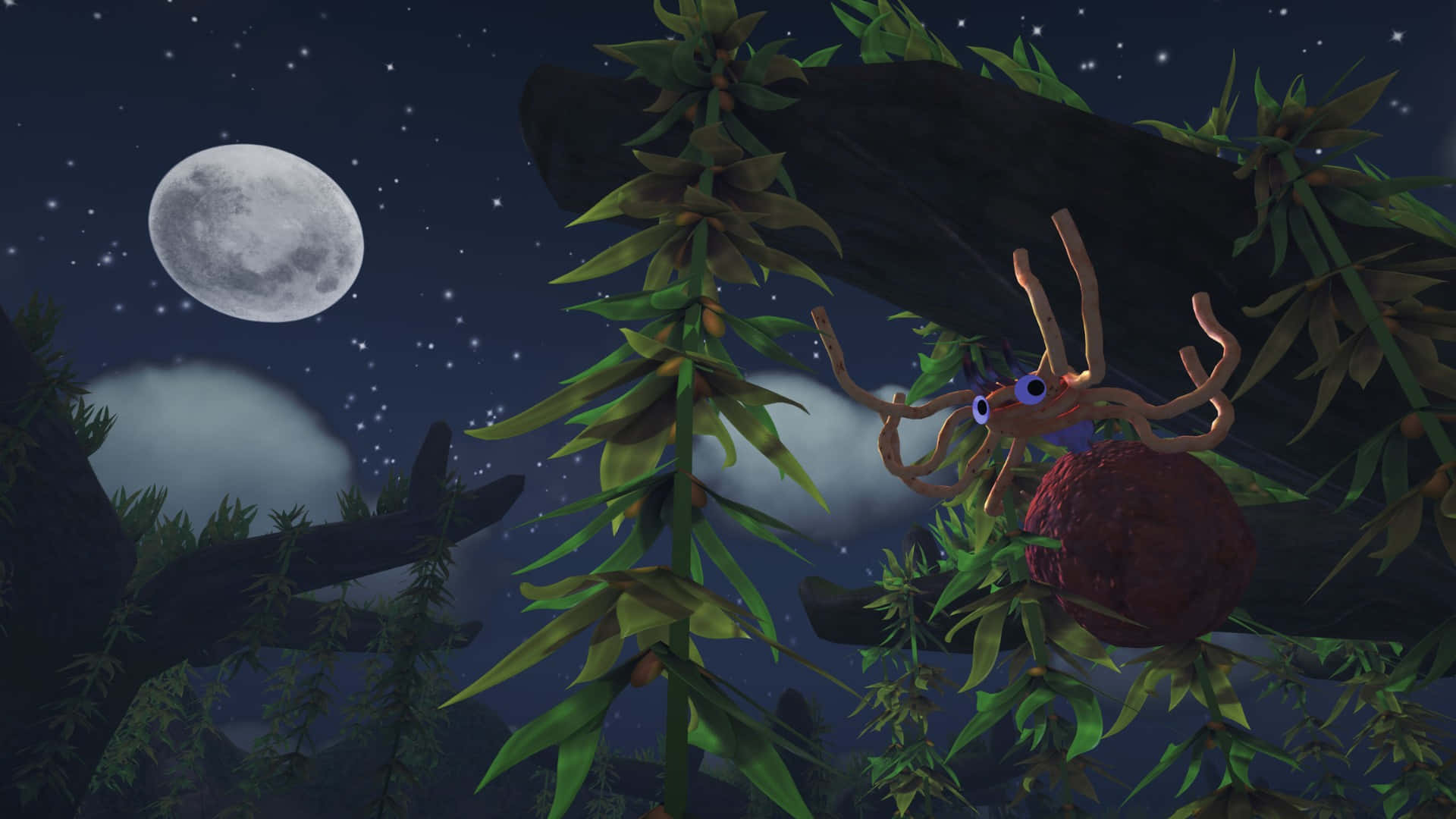  壁紙 — 一隻紫色眼睛的奇幻3D渲染章魚，在滿月和星空下，緊緊抓住一顆紅色水果，周圍是發光的綠色竹子。