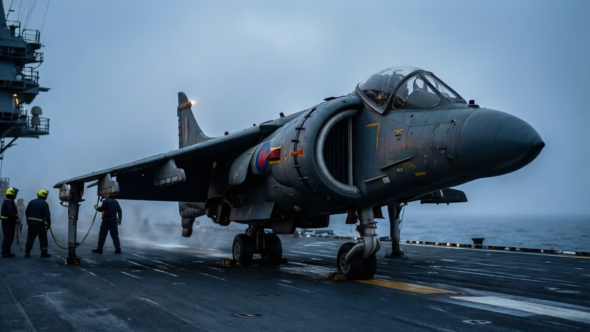 British Aerospace Sea Harrier 桌布 壁紙 — 一架灰色軍用噴射機停在航空母艦甲板上，機組人員正準備在陰雲密佈的海洋背景下將其發射。