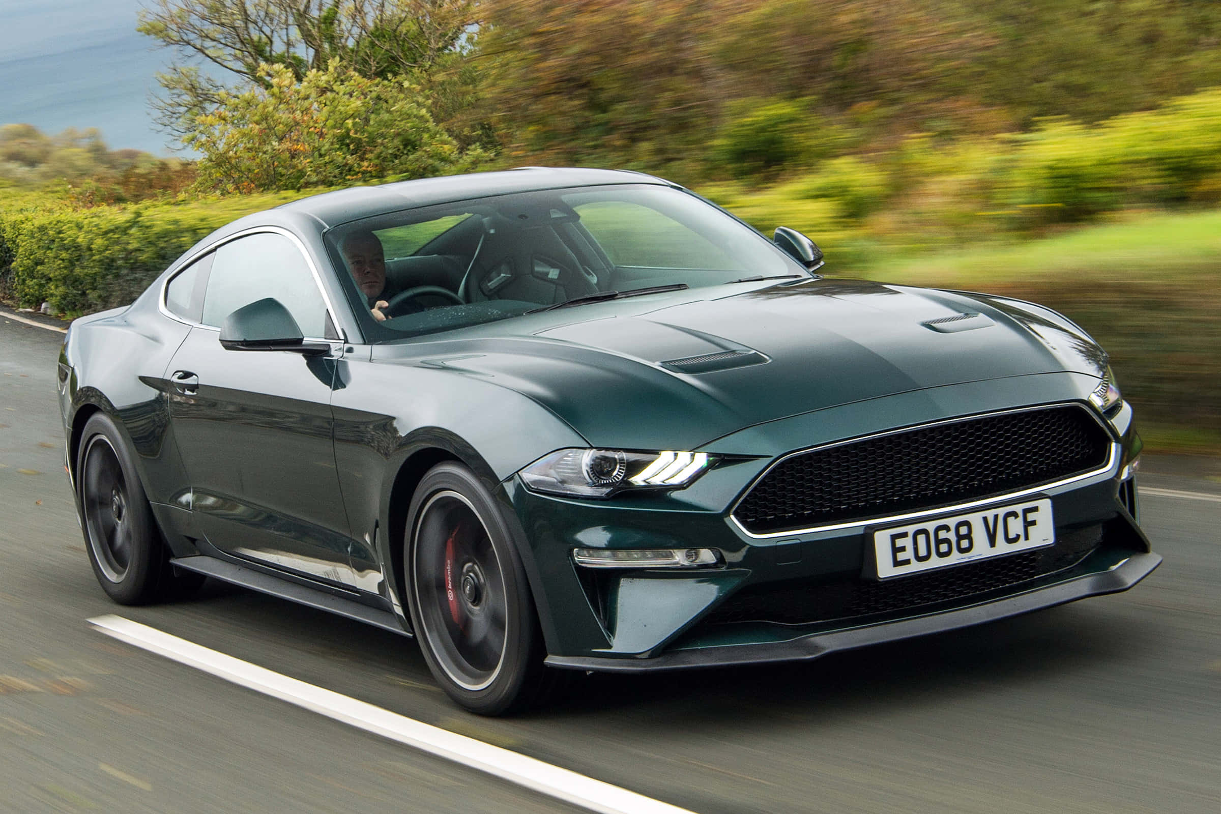 Ford Mustang Bullitt 桌布 壁紙 — 一架流線型深綠色福特野馬在蜿蜒的道路上疾馳，背景是模糊的綠植和遠處的海岸線。