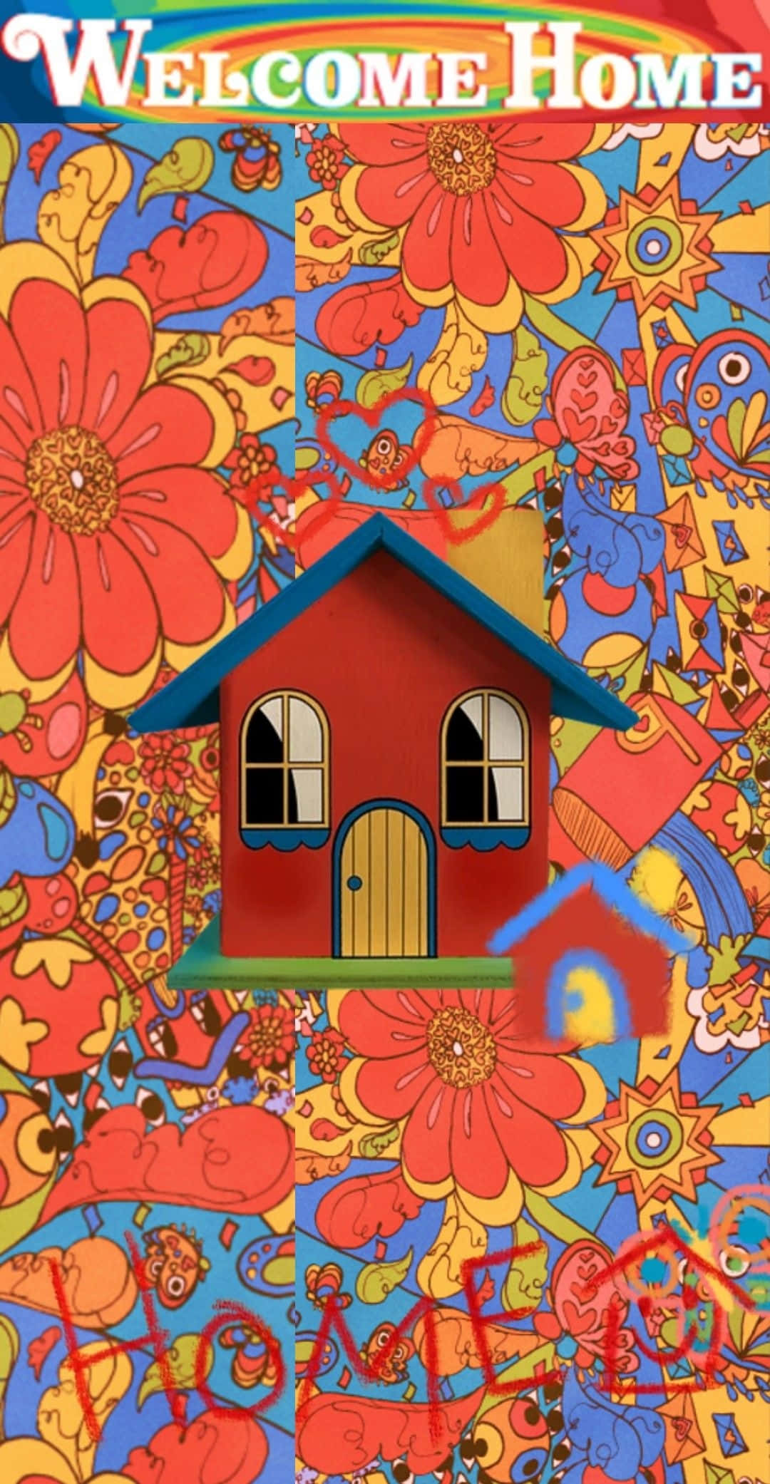 Welcome Home Puppet Show 桌布 壁紙 — 一間紅屋頂藍的房子位於充滿活力的迷幻背景中央，背景有超大的花朵和奇特的圖案。