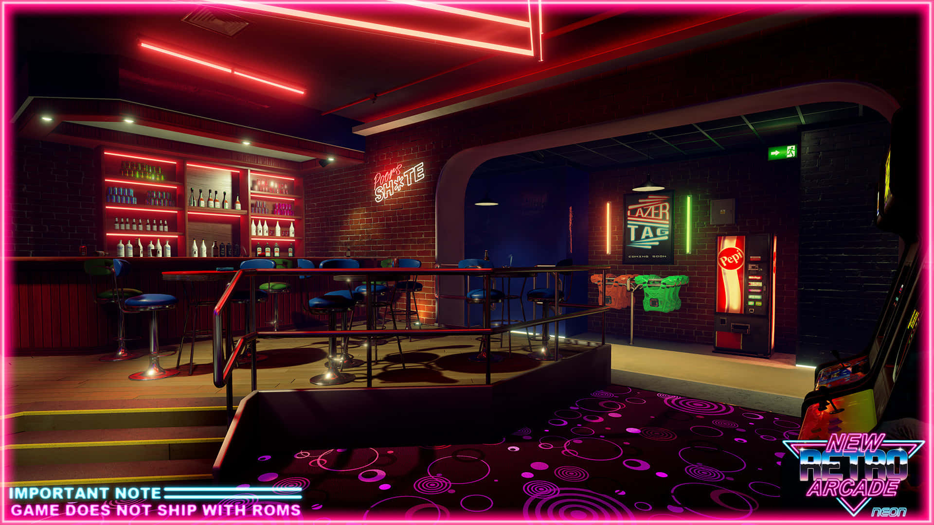 Vr Neon 桌布 壁紙 — 一間霓虹燈照亮的復古街機酒吧，帶有發光標誌和圖案地板，沉浸在粉紅色和紅色的燈光中。