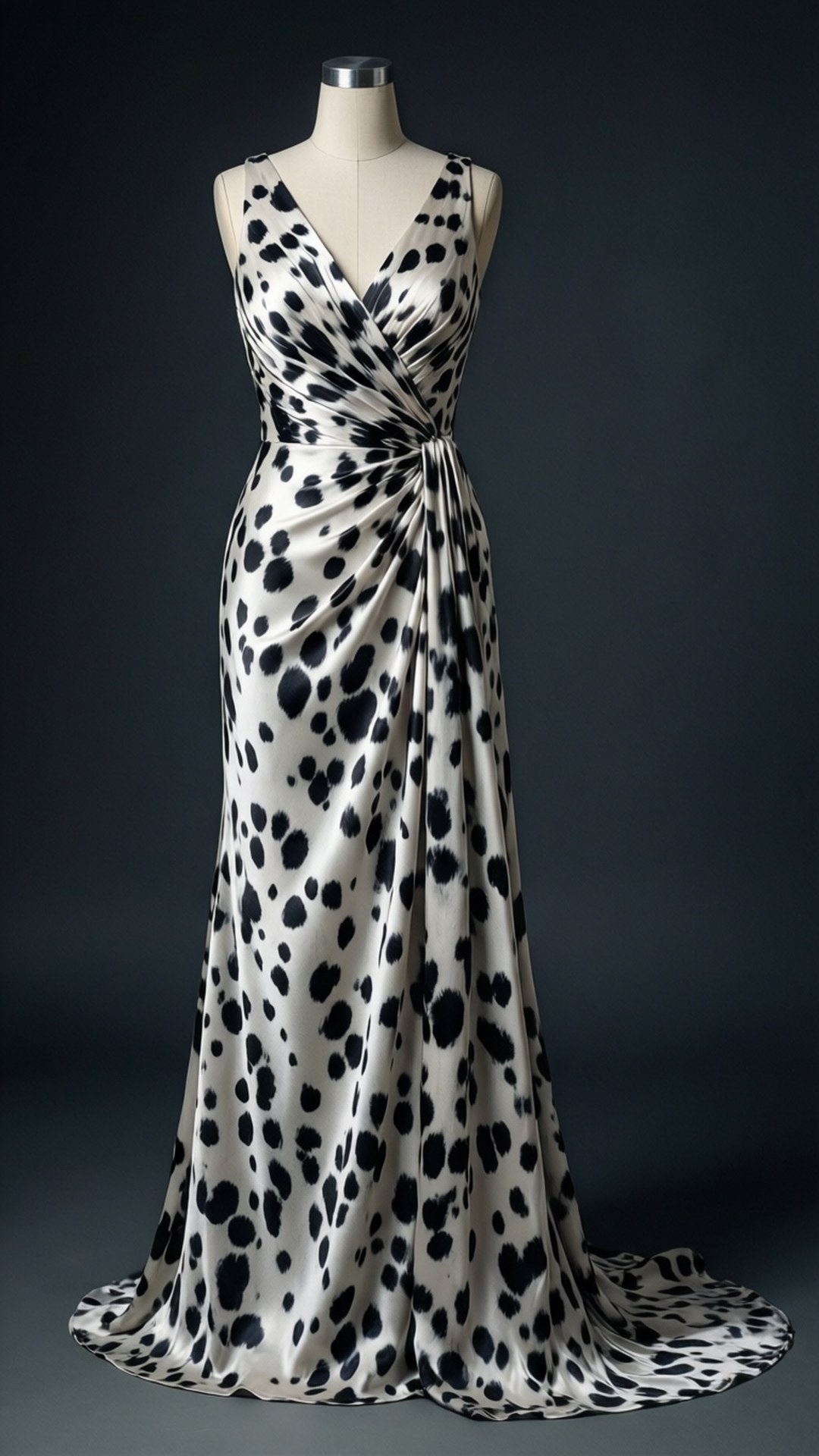 Satin Gown Dalmatian 壁紙 — 一件時尚的黑白圓點緞面長袍優雅地披在人體模型上，背景是深色攝影棚。