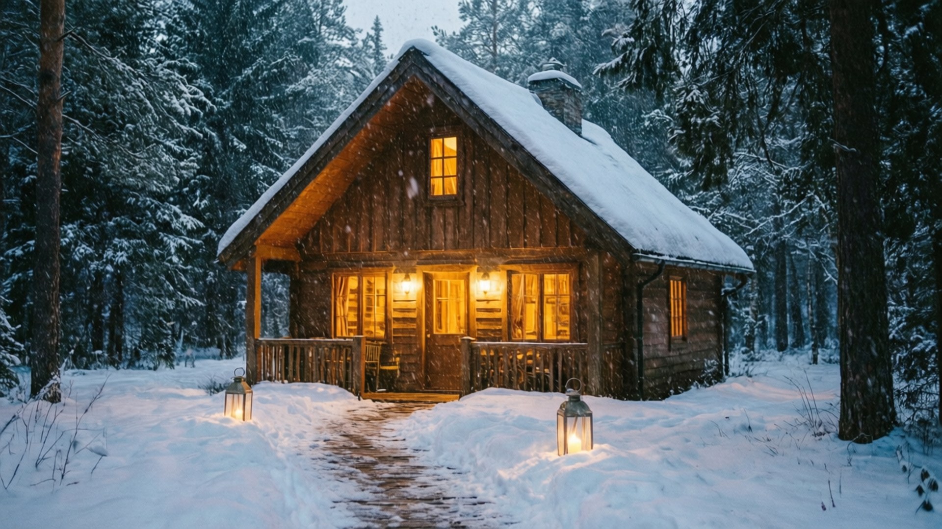 夜晚雪林中的舒適木屋，溫暖燈光與燈籠。