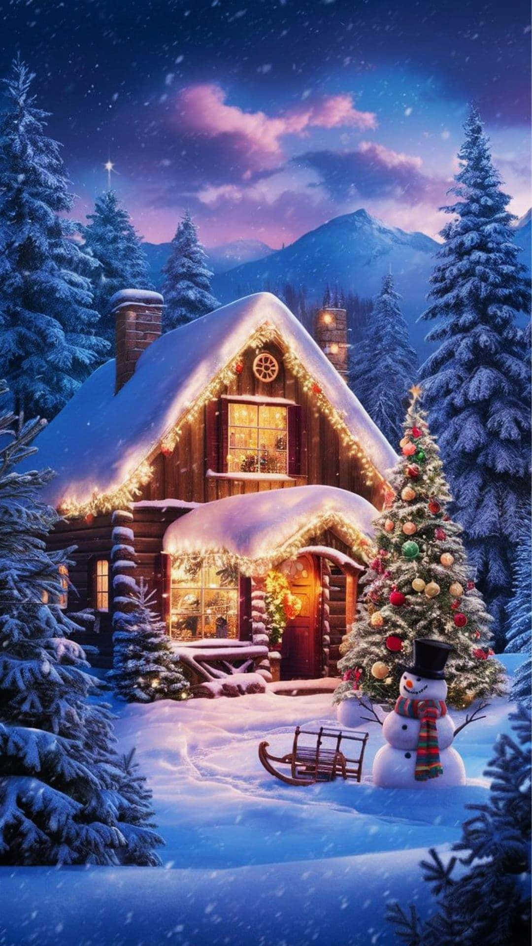  壁紙 — 一間舒適的雪覆蓋小屋在繁星點點的暮色天空下溫暖地發光，附近有山脈和裝飾好的聖誕樹。