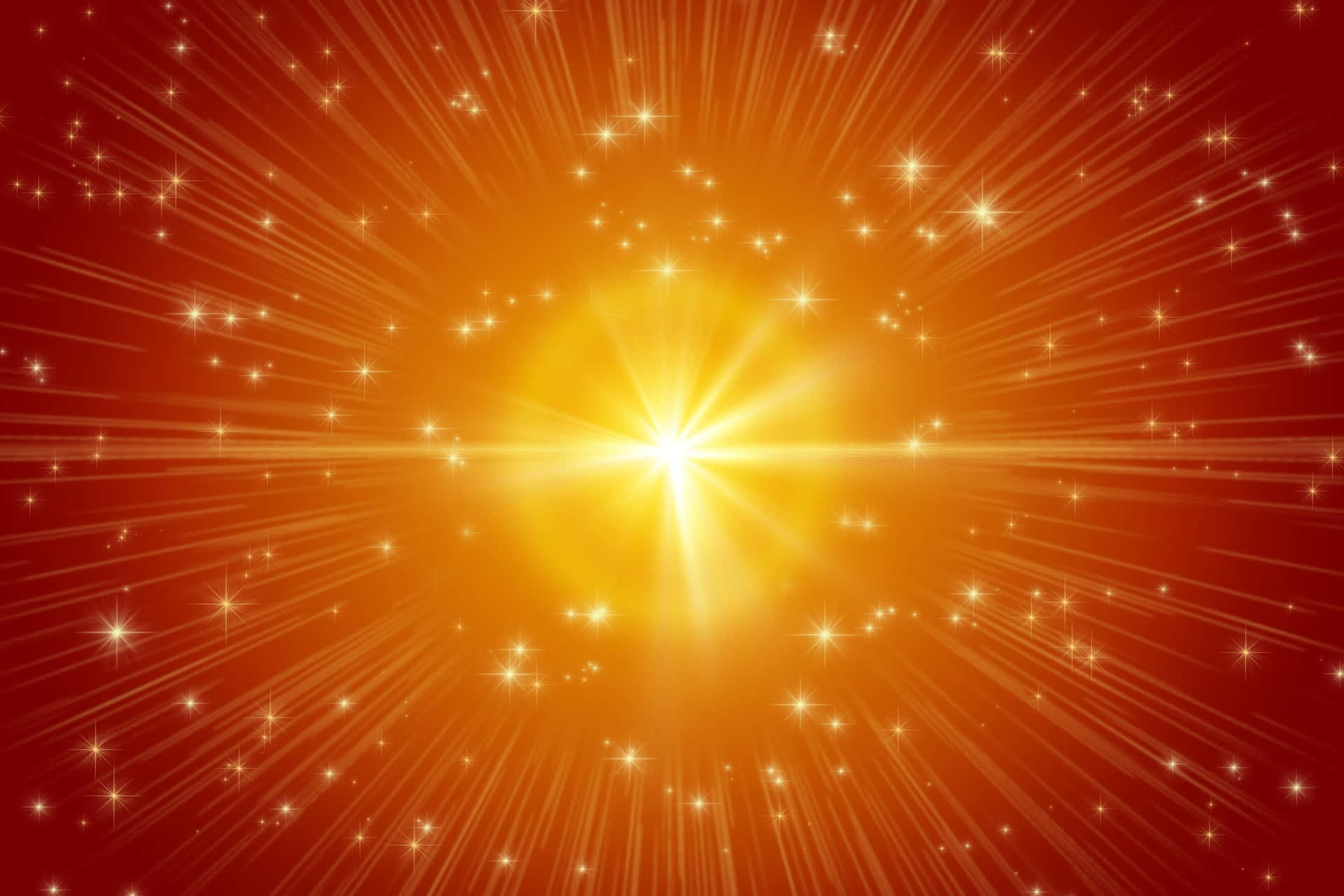  壁紙 — 一顆燦爛的金色太陽爆發，閃爍的星星在熾熱的橙色和紅色漸變天空中爆炸開來。