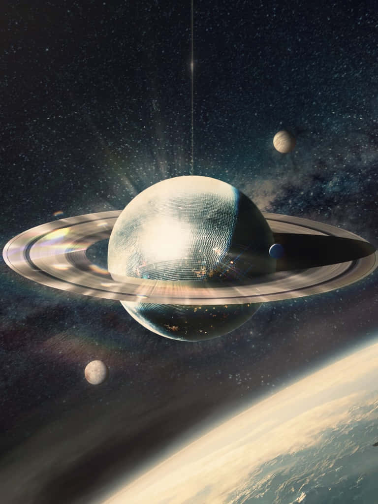  壁紙 — 一顆帶有光環的耀眼行星在彎曲的地球地平線之上的星空背景下閃耀。